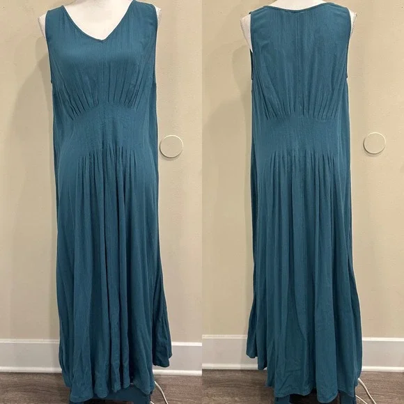 Soft Surroundings Villa Malia Gauze Maxi Dress Mallard Blue Pintuck Sleeveless S - Picture 2 of 10